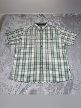 KUHL Button Up Shirt Mens XXL 2XL Plaid Cotton Linen Blend Short Sleeve Green